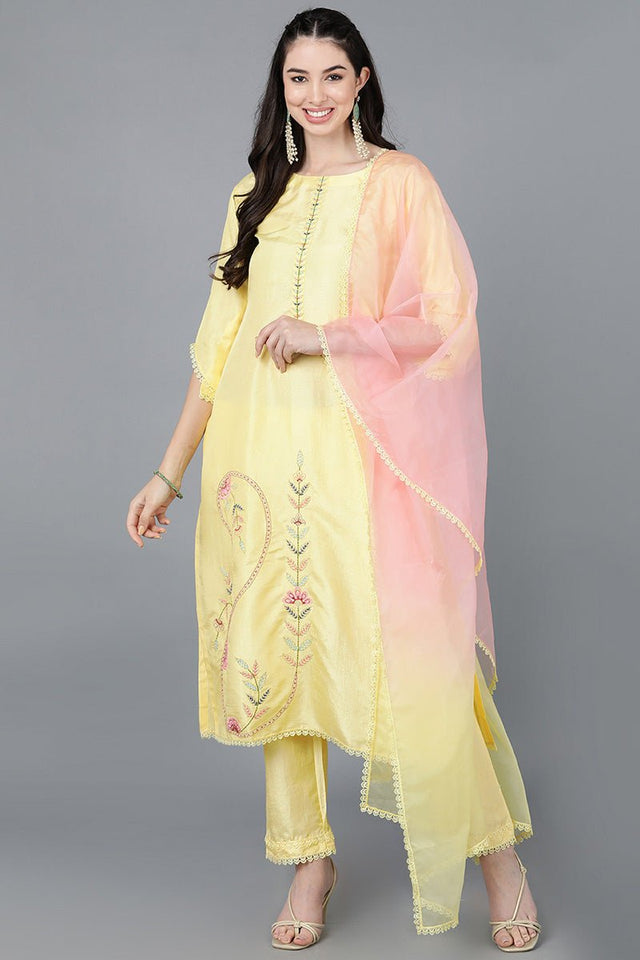 Yellow Poly Silk Straight Kurti Pant With Dupatta