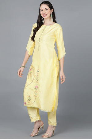 Yellow Poly Silk Straight Kurti Pant With Dupatta