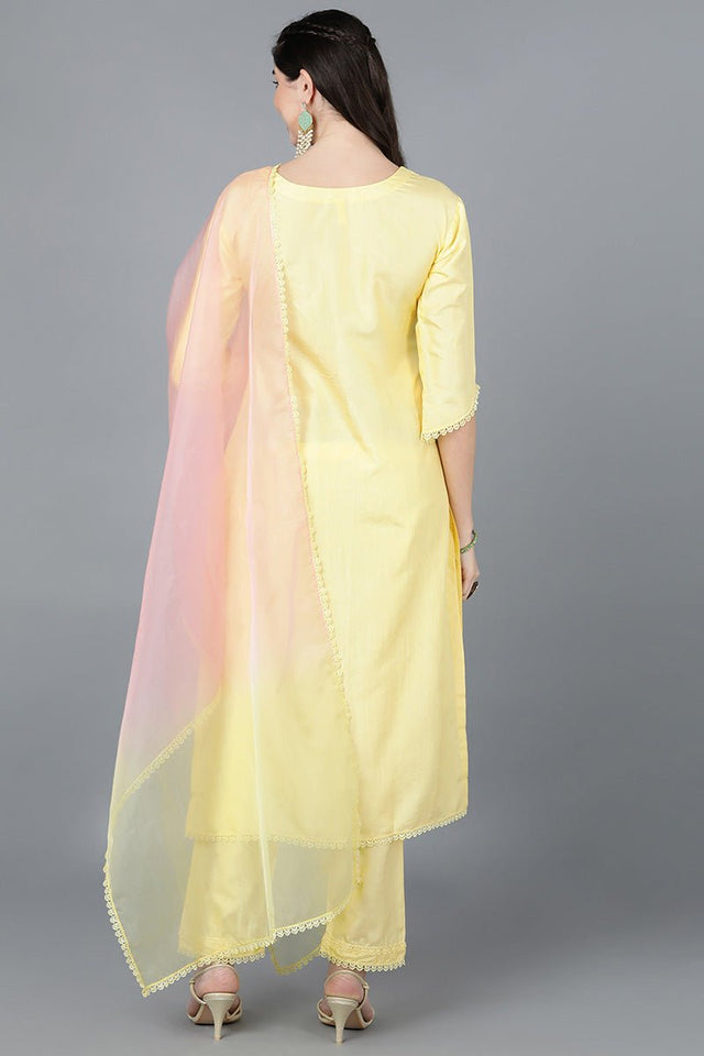 Yellow Poly Silk Straight Kurti Pant With Dupatta