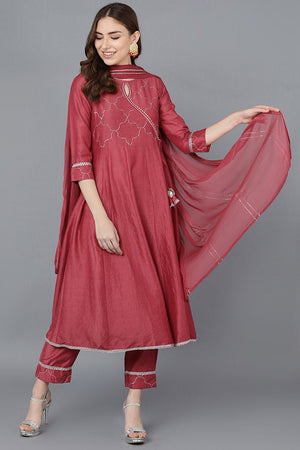 Red Poly Silk Embroidered Kurti Pant Set