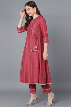 Red Poly Silk Embroidered Kurti Pant Set