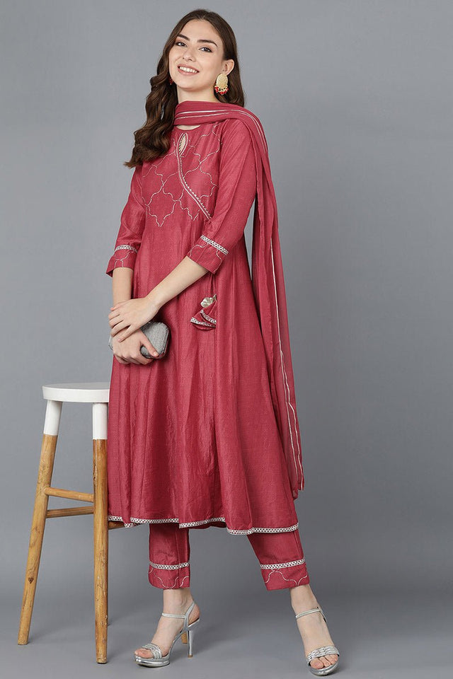 Red Poly Silk Embroidered Kurti Pant Set