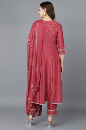 Red Poly Silk Embroidered Kurti Pant Set