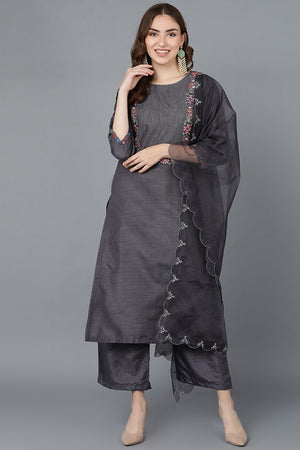 Charcoal Poly Silk Embroidered Kurti Pant Set