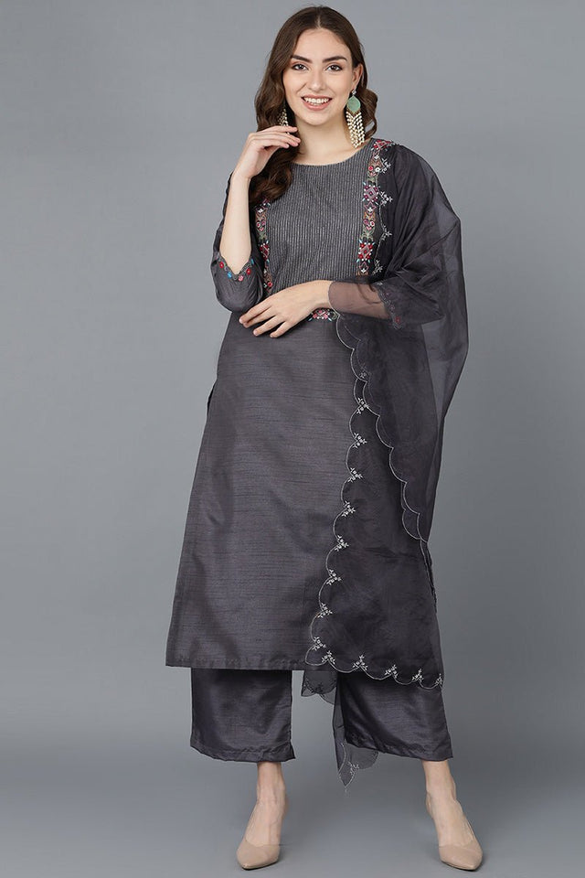 Charcoal Poly Silk Embroidered Kurti Pant Set