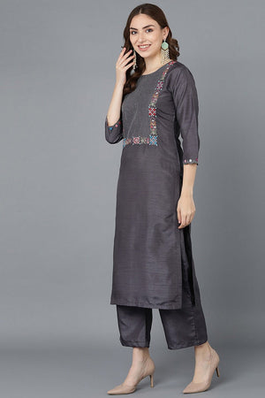 Charcoal Poly Silk Embroidered Kurti Pant Set