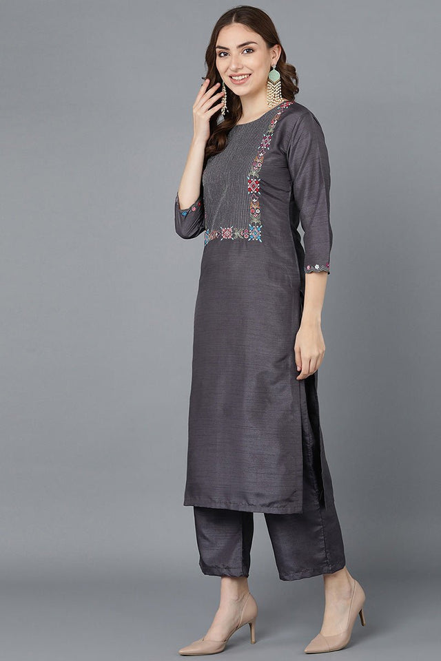 Charcoal Poly Silk Embroidered Kurti Pant Set