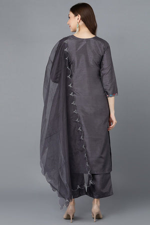 Charcoal Poly Silk Embroidered Kurti Pant Set