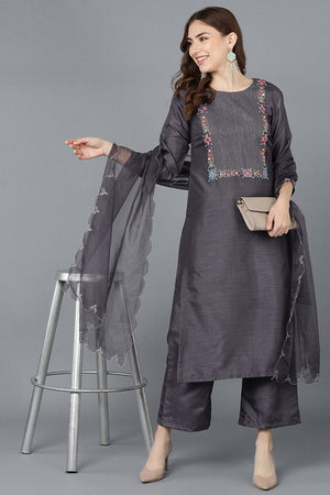 Charcoal Poly Silk Embroidered Kurti Pant Set