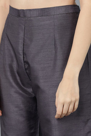 Charcoal Poly Silk Embroidered Kurti Pant Set