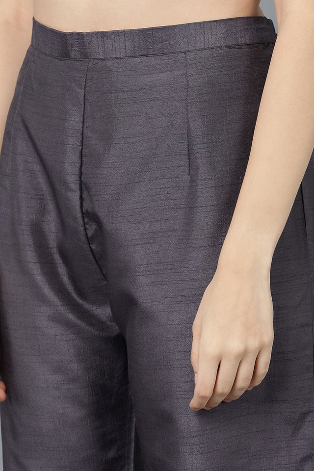 Charcoal Poly Silk Embroidered Kurti Pant Set