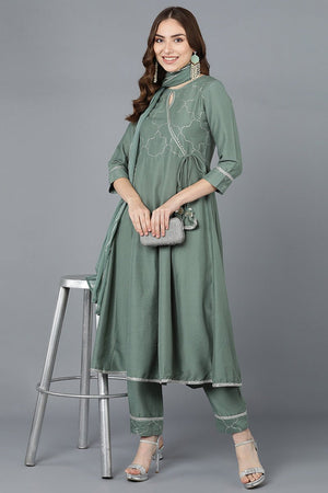 Teal Poly Silk Embroidered Kurti Trousers With Dupatta