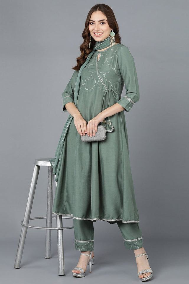 Teal Poly Silk Embroidered Kurti Trousers With Dupatta