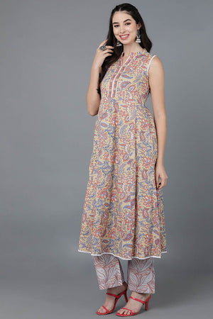 Yellow Cotton Flared Kurti Palazzo With Dupatta