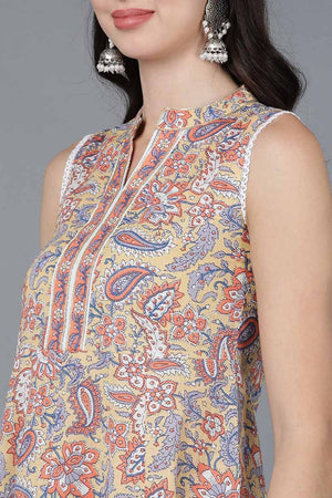 Yellow Cotton Flared Kurti Palazzo With Dupatta