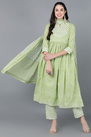 Light Green Cotton Flared Kurti Pant With Dupatta