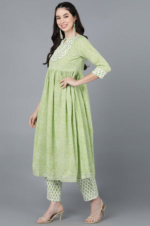 Light Green Cotton Flared Kurti Pant With Dupatta