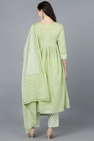 Light Green Cotton Flared Kurti Pant With Dupatta