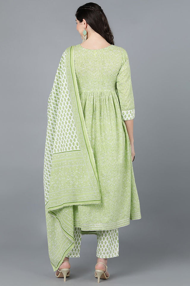 Light Green Cotton Flared Kurti Pant With Dupatta
