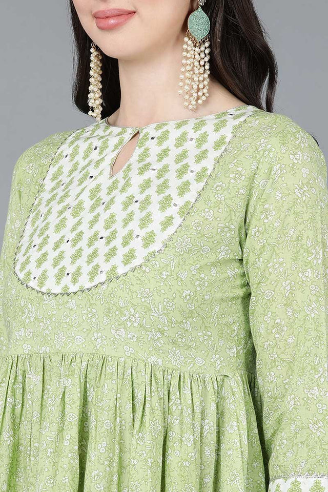 Light Green Cotton Flared Kurti Pant With Dupatta