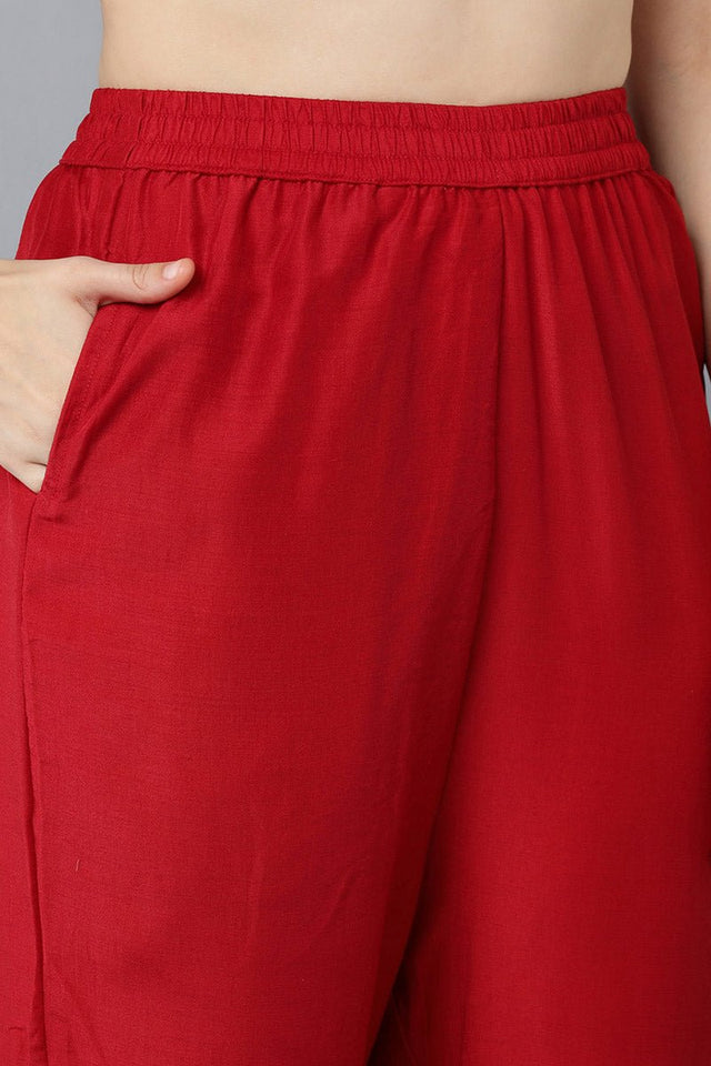 Red Poly Silk Solid Embroidered Straight Suit Set