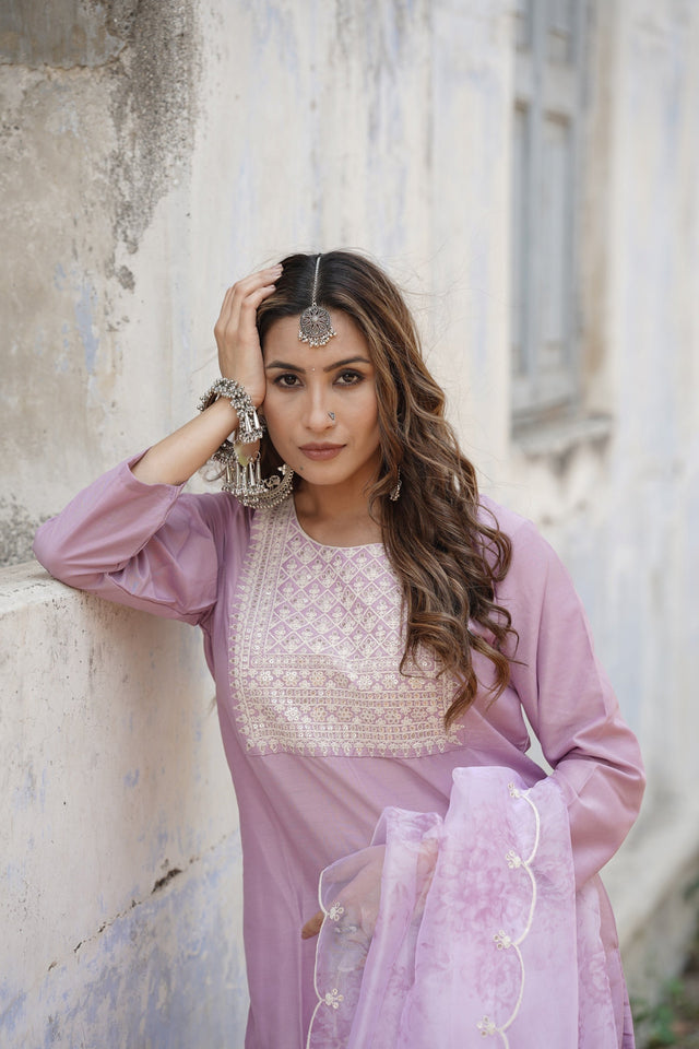 Lavender Poly Silk Straight Kurti Pant With Dupatta