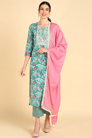Sea Green Cotton Straight Kurti Pant With Dupatta Set