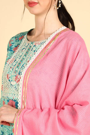 Sea Green Cotton Straight Kurti Pant With Dupatta Set