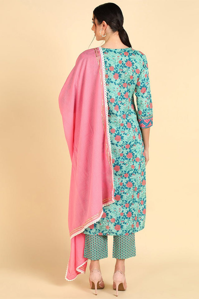 Sea Green Cotton Straight Kurti Pant With Dupatta Set