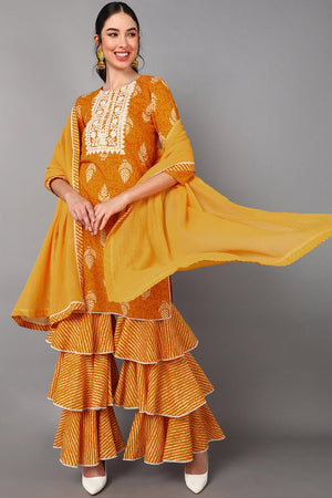 Mustard Cotton A-Line Kurta Sharara With Dupatta Set