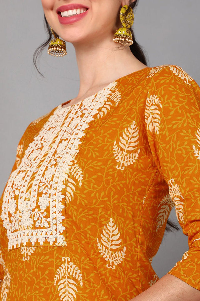 Mustard Cotton A-Line Kurta Sharara With Dupatta Set