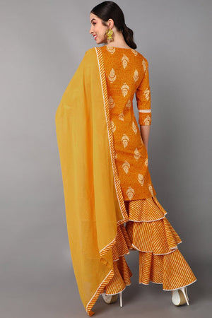 Mustard Cotton A-Line Kurta Sharara With Dupatta Set