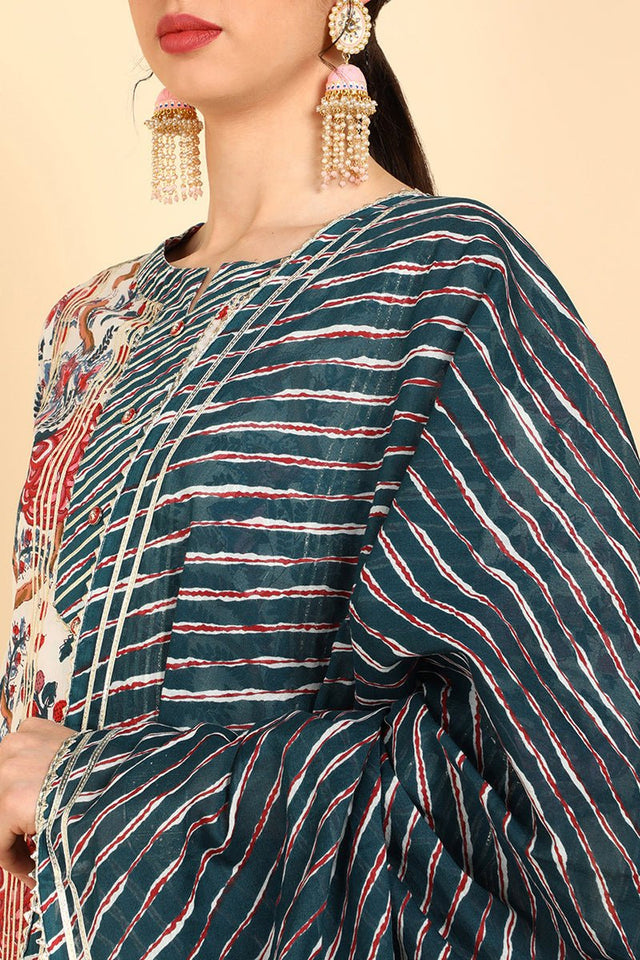 White Cotton Straight Kurta Pant With Dupatta Set