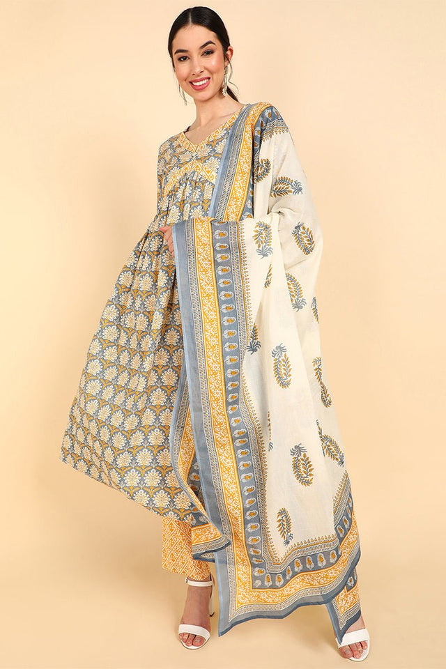 Yellow Cotton Flared Kurti Pant With Dupatta
