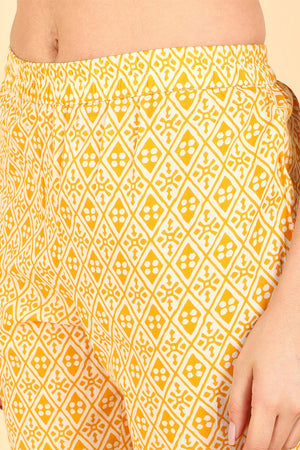 Yellow Cotton Flared Kurti Pant With Dupatta
