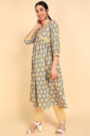 Yellow Cotton Flared Kurti Pant With Dupatta