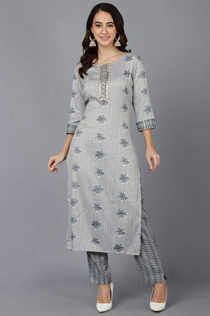 Grey Cotton Blend Straight Kurti Set