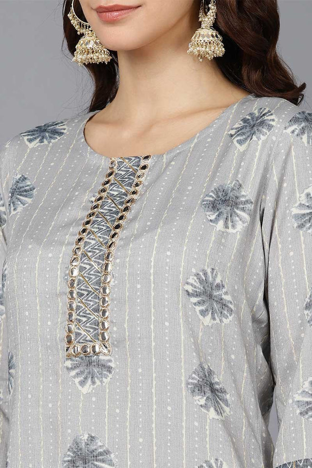 Grey Cotton Blend Straight Kurti Set