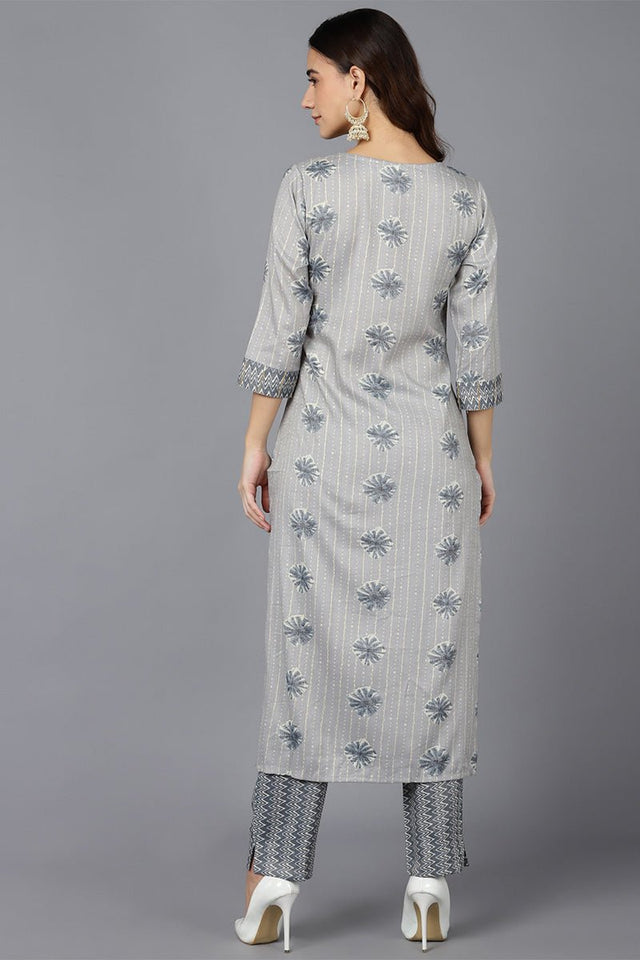 Grey Cotton Blend Straight Kurti Set