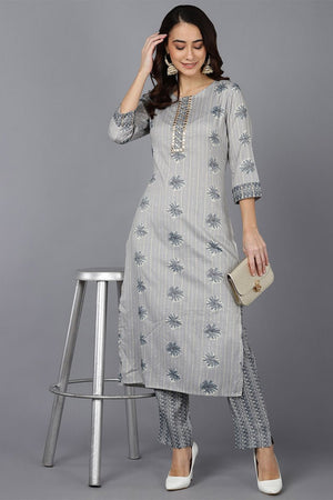 Grey Cotton Blend Straight Kurti Set