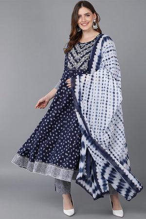 Blue Cotton Anarkali Suit Set