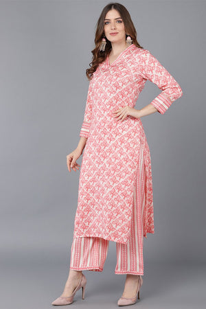 Peach Cotton Blend Straight Suit Set