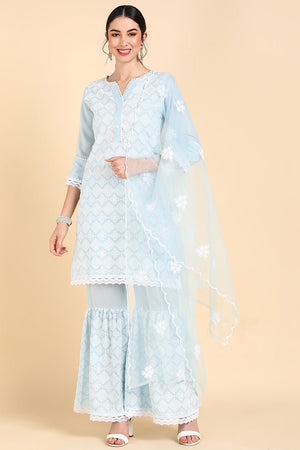 Blue Poly Silk Embroidered Sharara Suit Set
