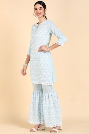 Blue Poly Silk Embroidered Sharara Suit Set