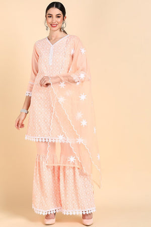 Peach Poly Silk Straight Sharara Suit Set