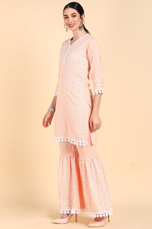 Peach Poly Silk Straight Sharara Suit Set