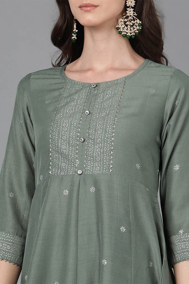 Teal Poly Silk Anarkali Kurta Pant With Dupatta