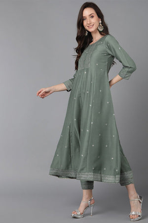 Teal Poly Silk Anarkali Kurta Pant With Dupatta