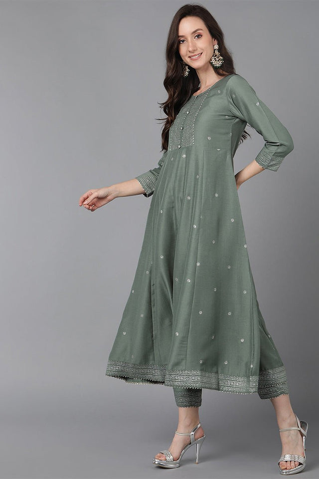 Teal Poly Silk Anarkali Kurta Pant With Dupatta