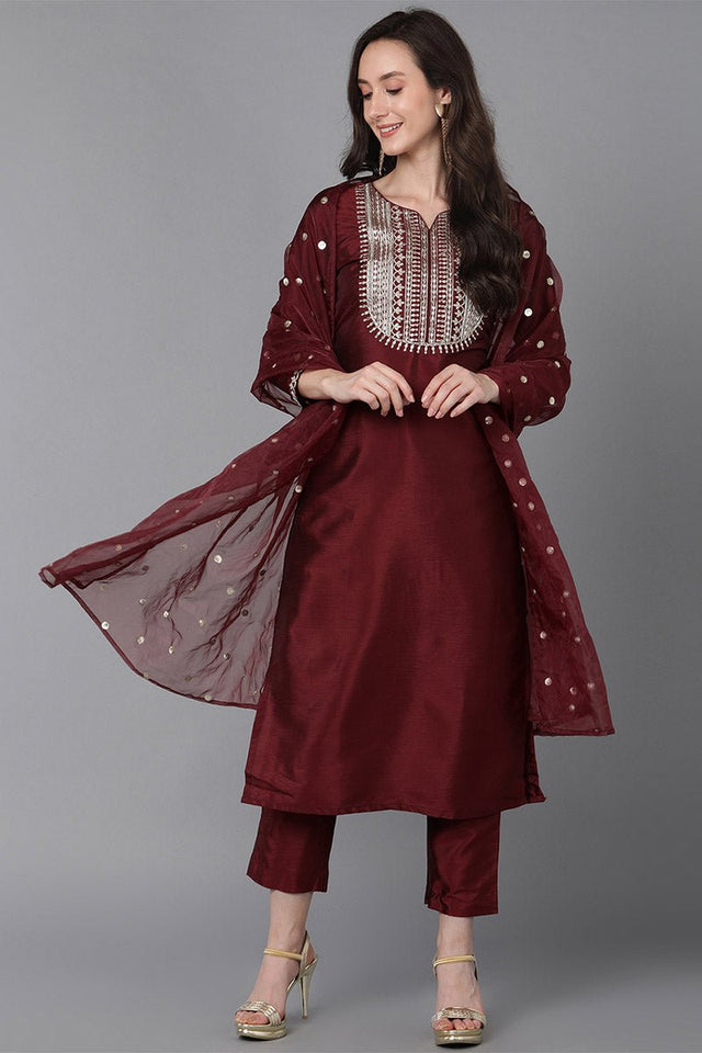 Maroon Poly Silk Solid Yoke Design Kurti Pant Set